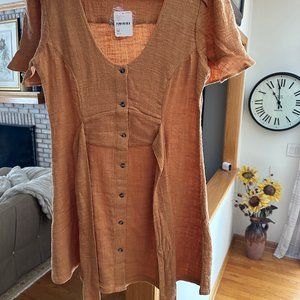 Free People Tie, Button Front Mini Dress, Bronze (light orange) MWT